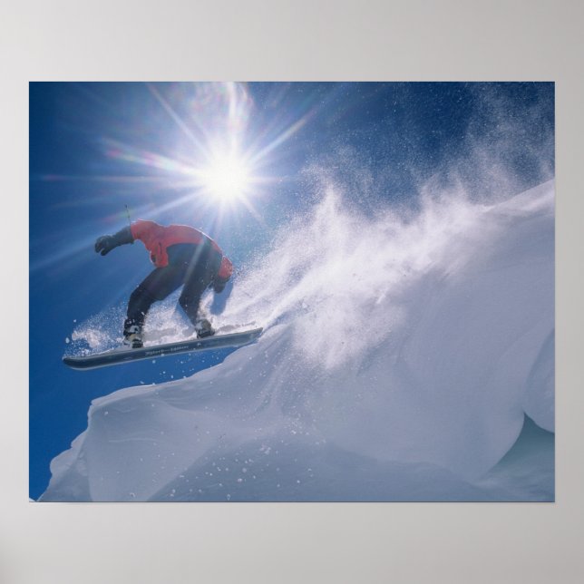 Poster Un homme saute d'une grande province sur un snowbo (Devant)