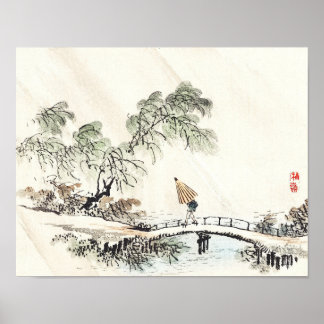 Poster Un homme traversant le pont par Kōno Bairei Faux C