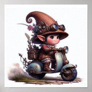 Poster Un jeune enfant heureux à bord d'un scooter Steamp