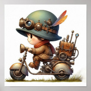 Poster Un jeune enfant heureux à bord d'un scooter Steamp