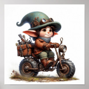 Poster Un jeune enfant heureux à bord d'une moto Steampun