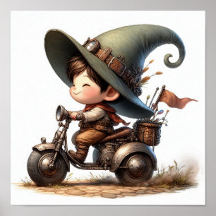 Poster Un jeune enfant heureux chevauchant un scooter ste