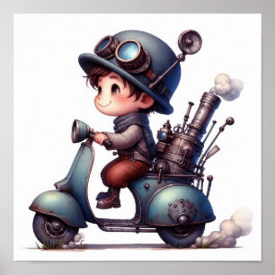 Poster Un jeune enfant heureux qui monte un skooter Steam