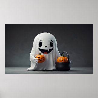 Poster Un joli Fantôme de dessin animé tenant un sac de c