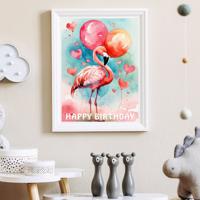 Poster Un joli flamant avec des ballons de coeur annivers (Créateur téléchargé)