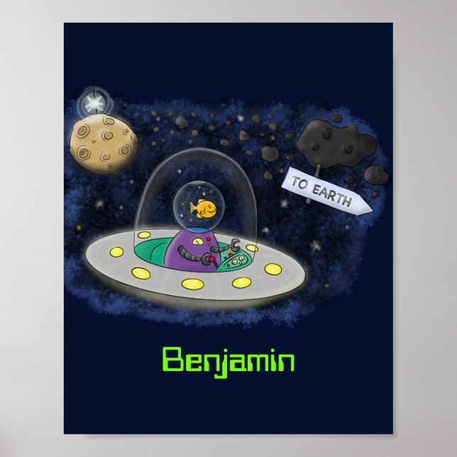 Poster Un joli poisson heureux dans l'espace dessin animé (Devant)