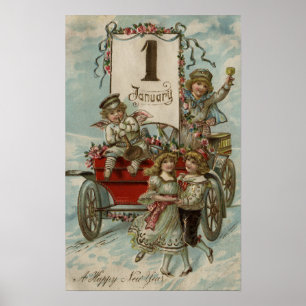 Poster Un joyeux Nouvel AnEnfants autour d'une Wagon Roug