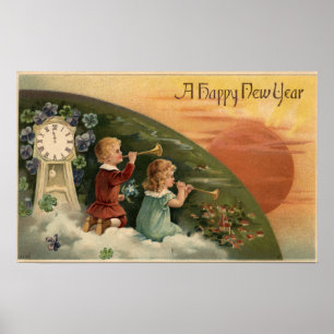 Poster Un Joyeux Nouvel AnLes Enfants Soufflent Des Tromp