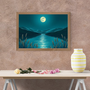 Poster Un lac serein au clair de lune parmi les roseaux m