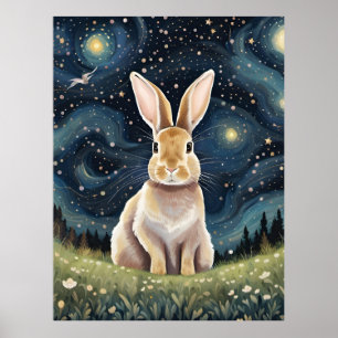 Poster Un lapin dans la nuit étoilée