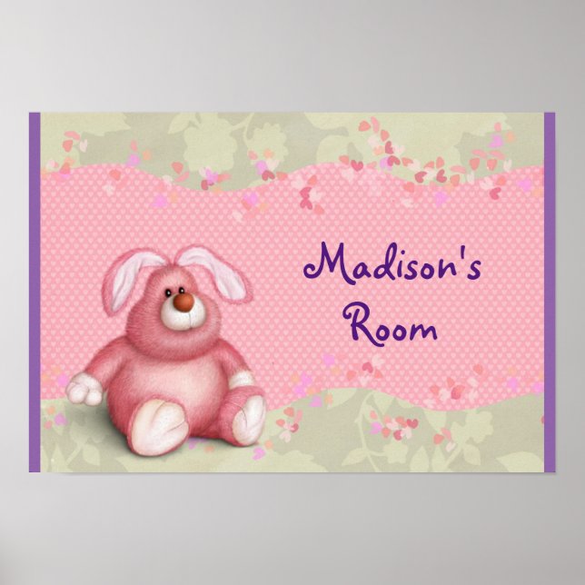 Poster Un lapin rose mignon avec des cœurs et du feuillag (Devant)