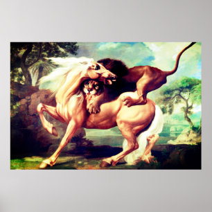 Poster Un Lion Attaquant Un Cheval Peint