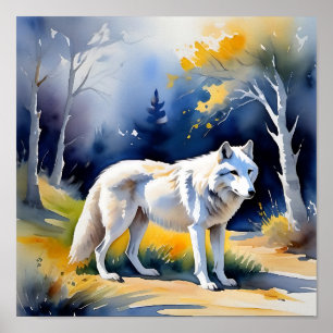 Poster Un loup dans une aquarelle de forêt