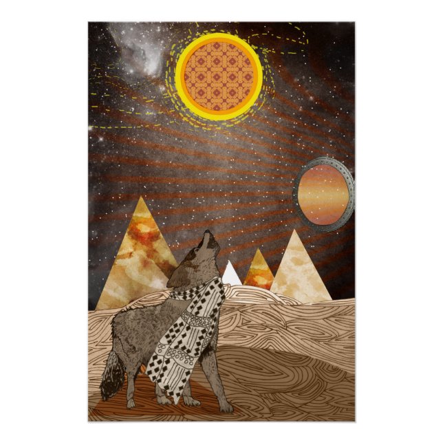 Poster Un loup hurle devant une pleine lune (Devant)