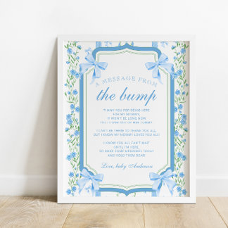 Poster Un Message Du Baby shower Floral Bleu Bump