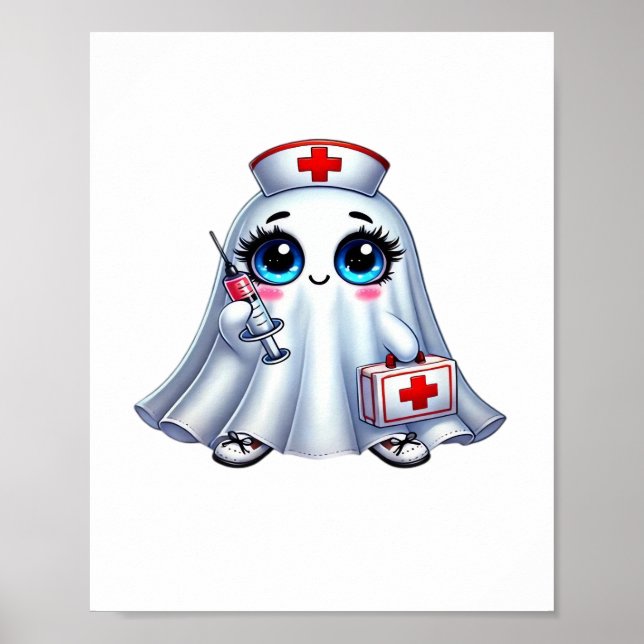 Poster Un mignon fantôme d'Halloween en uniforme d'infirm (Devant)