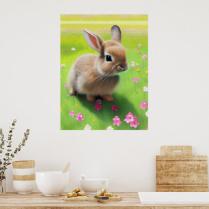 Poster Un mignon lapin dans une prairie fleurie