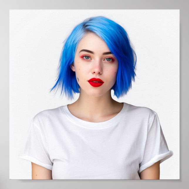 Poster Un mignon modèle de cheveux bleu portant Gildan Te (Devant)