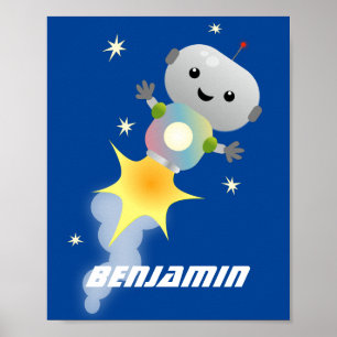 Poster Un mignon robot volant dans l'espace dessin animé