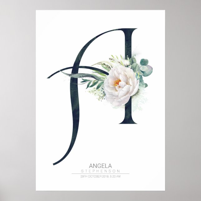 Poster Un monogramme de lettre blanche fleurs et verdure (Devant)