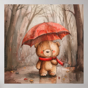 Poster Un ours en peluche mignon sous la pluie