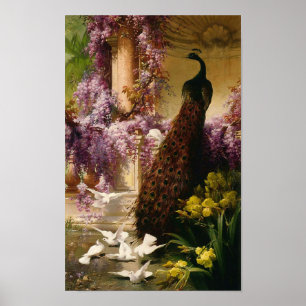 Poster Un paon et des colombes dans un jardin, Eugene Bid