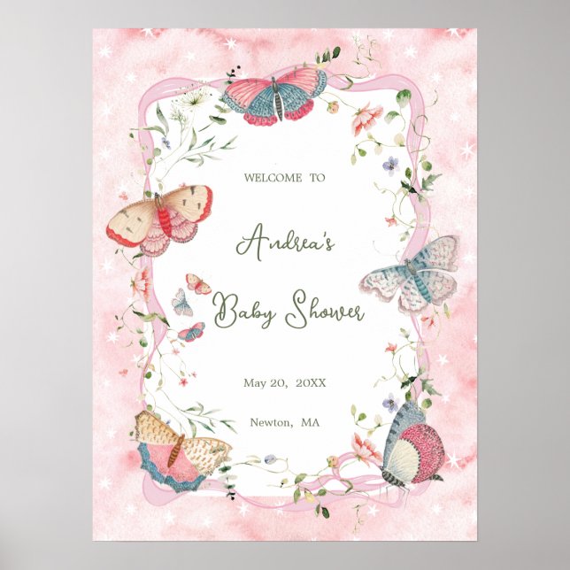Poster Un Papillon Bébé Sur Le Chemin Baby shower Bienven (Devant)