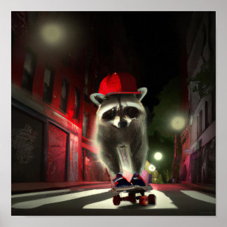 Poster Un patineur de raton laveur dans une rue la nuit