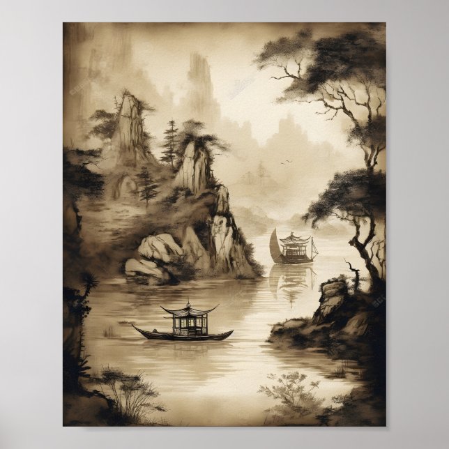Poster Un Paysage Chinois Et Un Bateau (Devant)