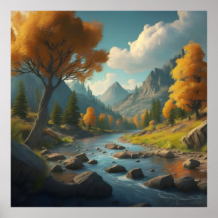 Poster un paysage d'automne avec des arbres, des montagne