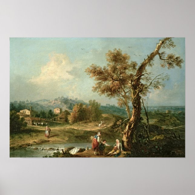 Poster Un paysage de rivière Italianate avec des voyageur (Devant)