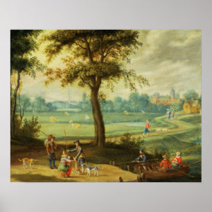 Poster Un paysage de village par une rivière