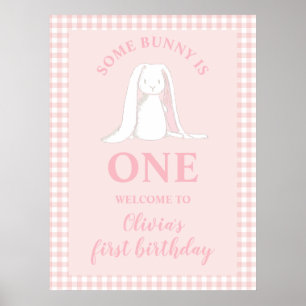 Poster Un petit lapin a un premier anniversaire rose