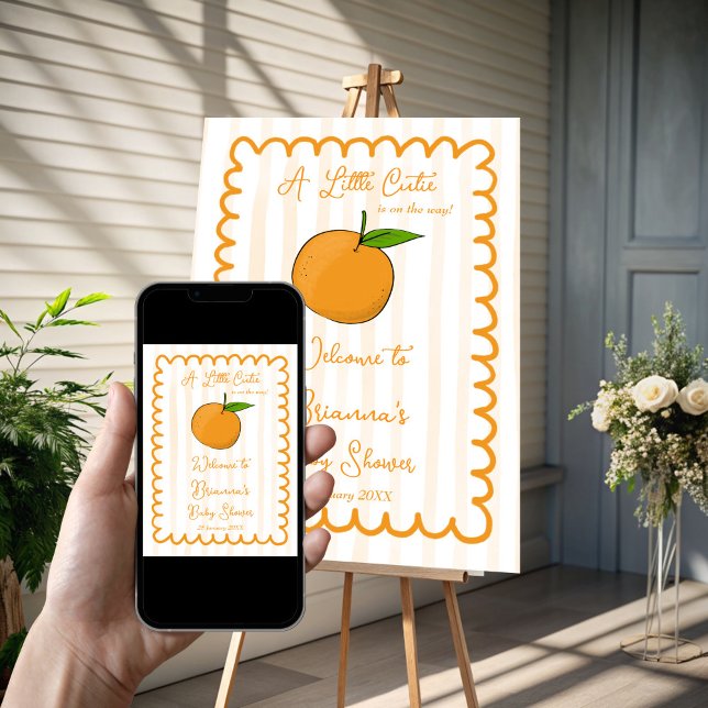 Poster Un petit signe d'accueil de baby shower d'agrumes (A little cutie citrus orange baby shower welcome sign poster template handrawn sketch wavy border)