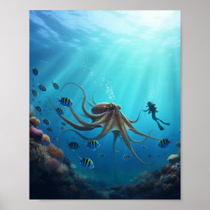 Poster Un plongeur aperçoit une créature marine géante