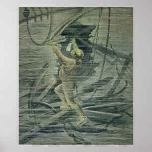 Poster Un plongeur de mer profonde regardant les épaves