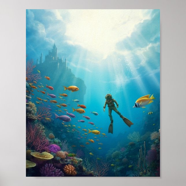 Poster Un plongeur découvre un château dans le récif (Devant)