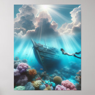 Poster Un plongeur trouve un navire échoué sur le récif