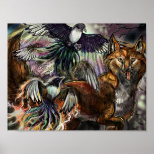 Poster Un pour Sorrow Magpie et Fox Digital Illustration