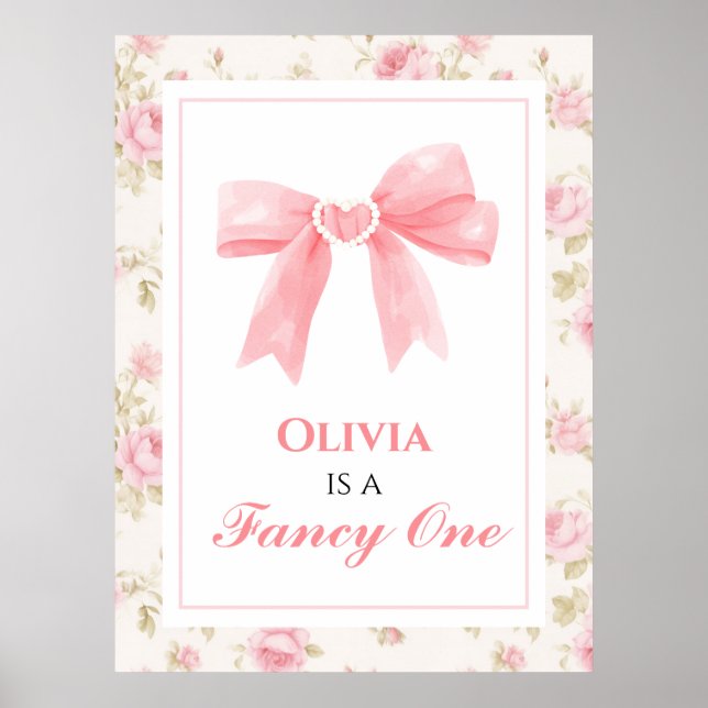 Poster Un premier anniversaire chic avec un nœud rose (Devant)