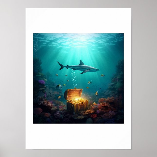 Poster Un requin de récif gardant un trésor (Devant)