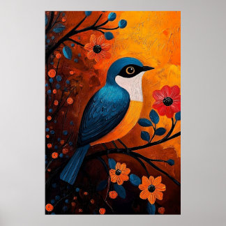 Poster Un Solo Pájaro - Oiseau et art floral