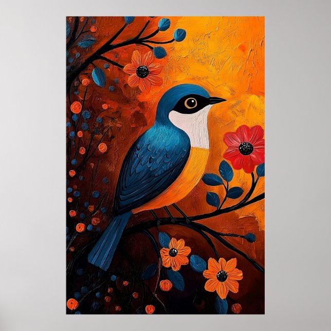 Poster Un Solo Pájaro - Oiseau et art floral (Devant)