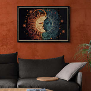 Poster Un style Vintage Psychédélique Soleil et Lune Ai A