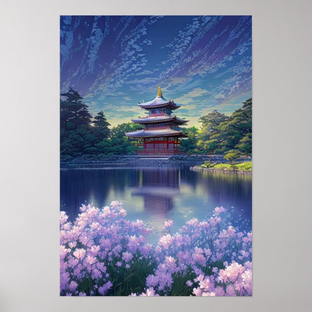 Poster Un temple japonais au bord du lac (Devant)