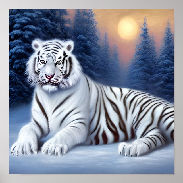 Poster Un tigre blanc assis dans la neige (Devant)