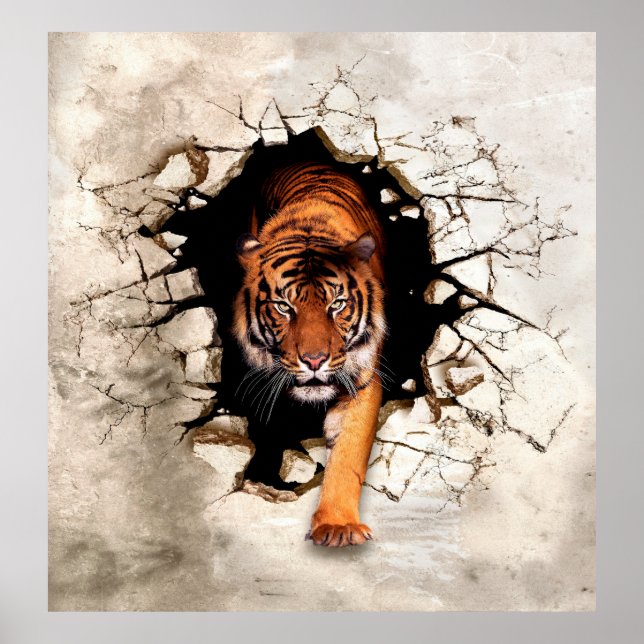 Poster Un tigre d'image 3d émerge des wallti détruits (Devant)