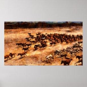 Poster Un troupeau de chevaux sauvages en course. OEuvre 
