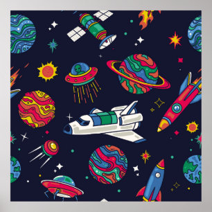 Poster Un vaisseau spatial en motif sans couture Galaxy. 