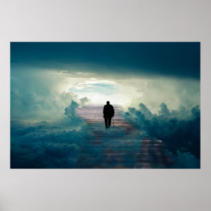Poster Un vieil homme sur l'escalier au ciel dans les nua